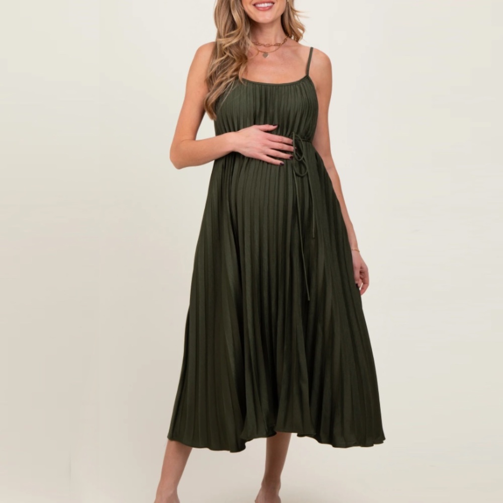 Olive Pleated Sash Tie Maternity Midi Dress (Small)